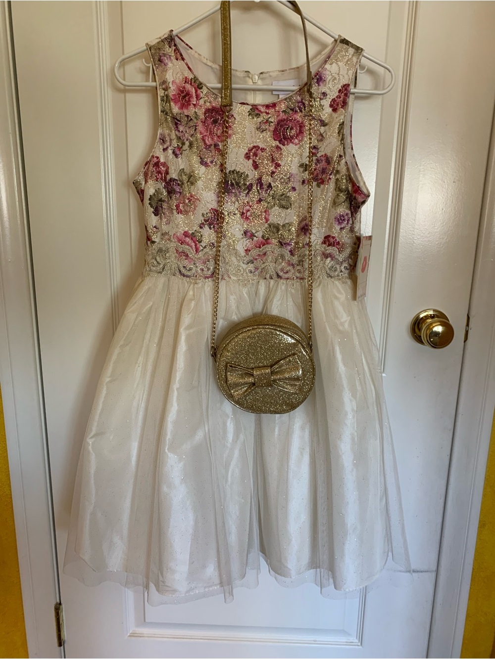Girls Floral Embroidered Ivory Party Dress with Gold Purse NWT